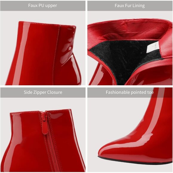 Dream Pairs Women's Red/Pat Pointed Toe Fur Lining Block Heel Ankle Booties - Picture 4 of 5